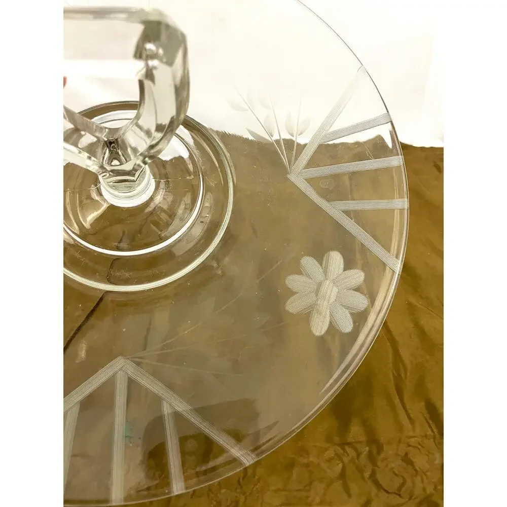 VTG Etched Clear Crystal‎ Center Handle Tray Plate with Etched Flowers 10.5